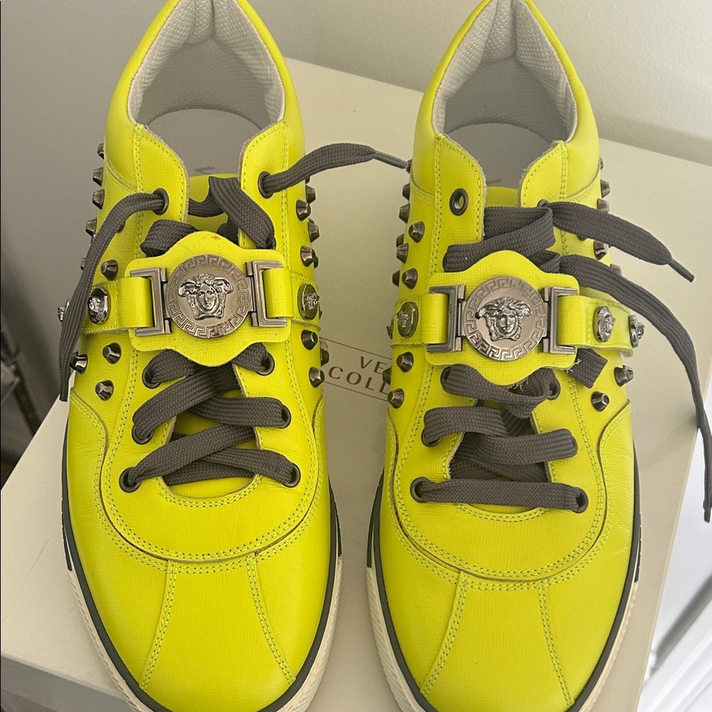 Versace Neon Yellow Studded Sneaker with Gunmetal Accents - Picture 2 of 11